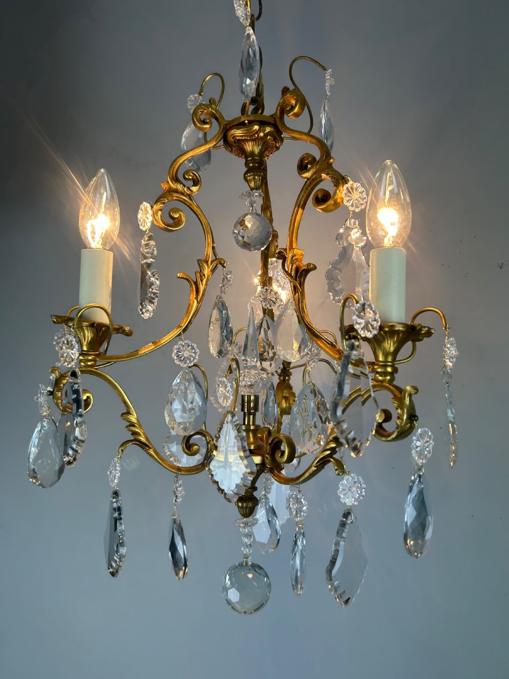 French Gilded & Crystal 3 Light Chandelier View III
