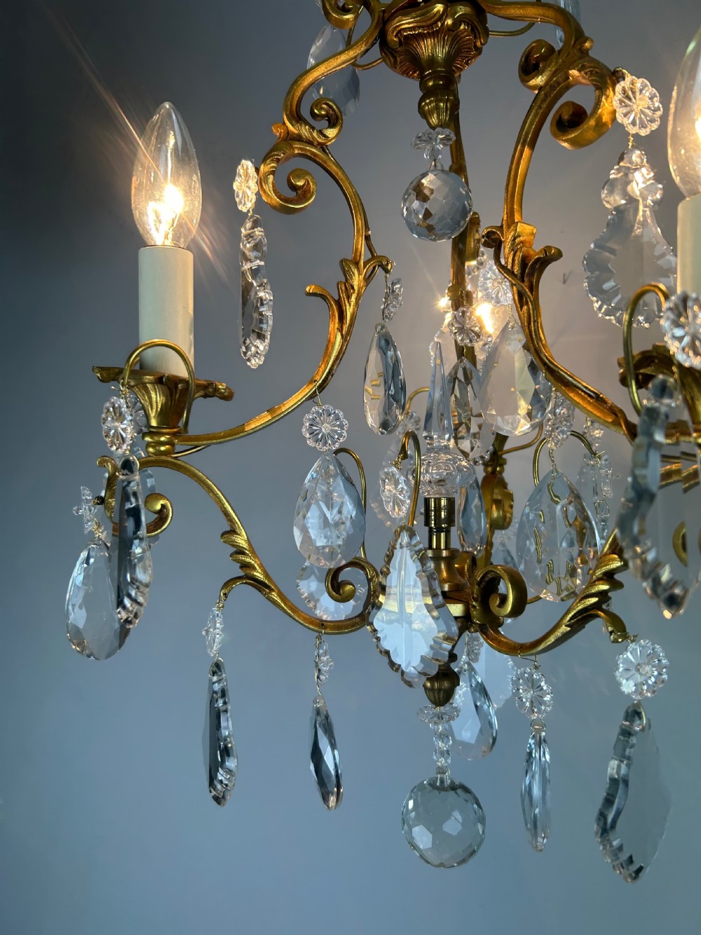 French Gilded & Crystal 3 Light Chandelier View IV