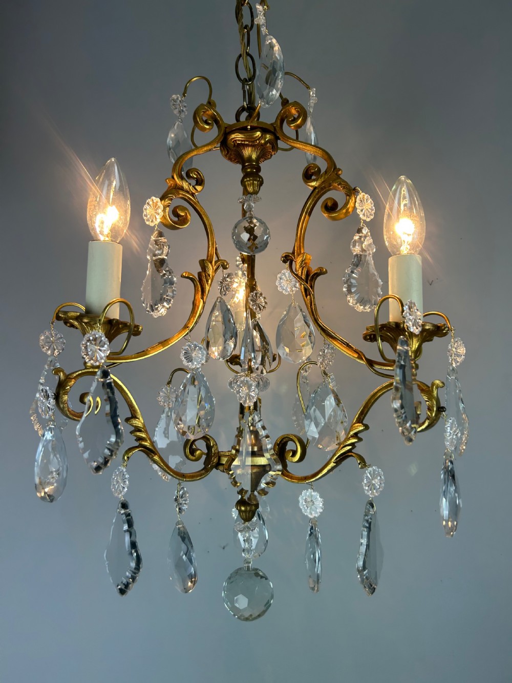 French Gilded & Crystal 3 Light Chandelier View V