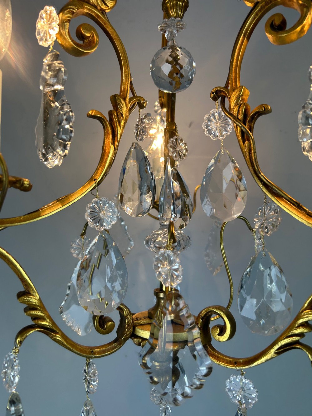 French Gilded & Crystal 3 Light Chandelier View VI