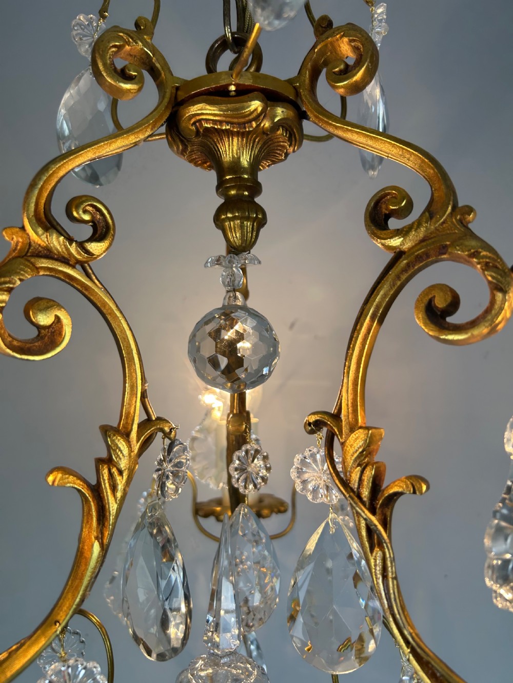French Gilded & Crystal 3 Light Chandelier View VII
