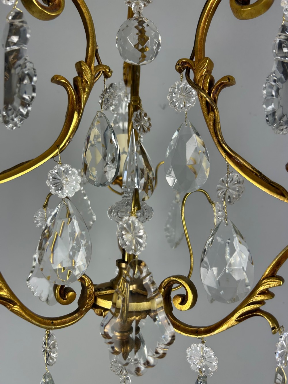 French Gilded & Crystal 3 Light Chandelier View X