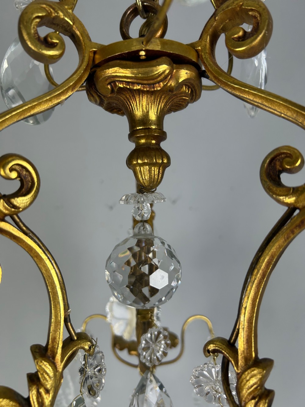 French Gilded & Crystal 3 Light Chandelier View XI