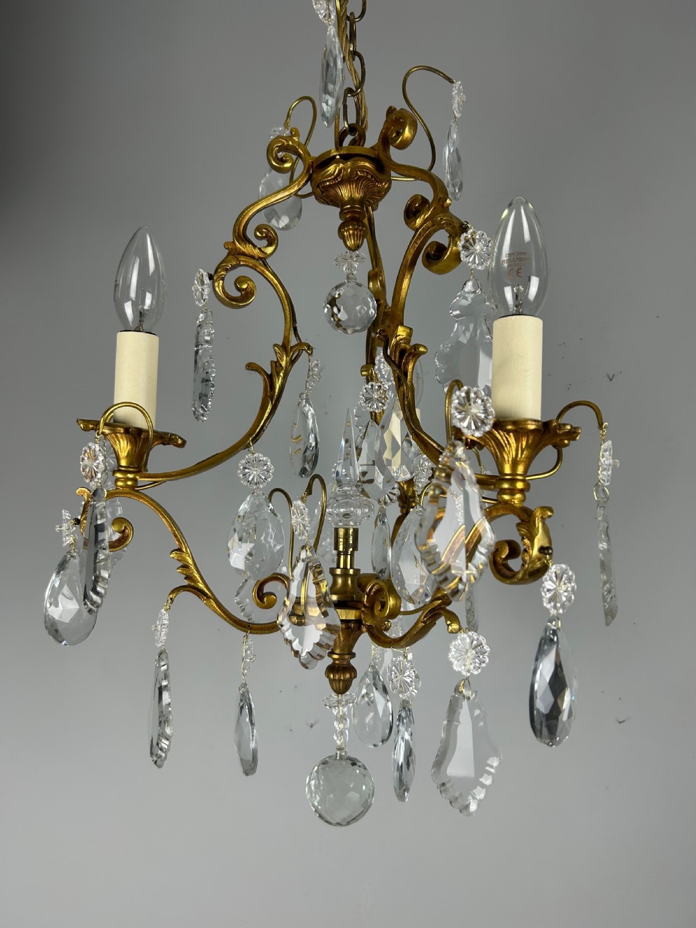 French Gilded & Crystal 3 Light Chandelier View XII