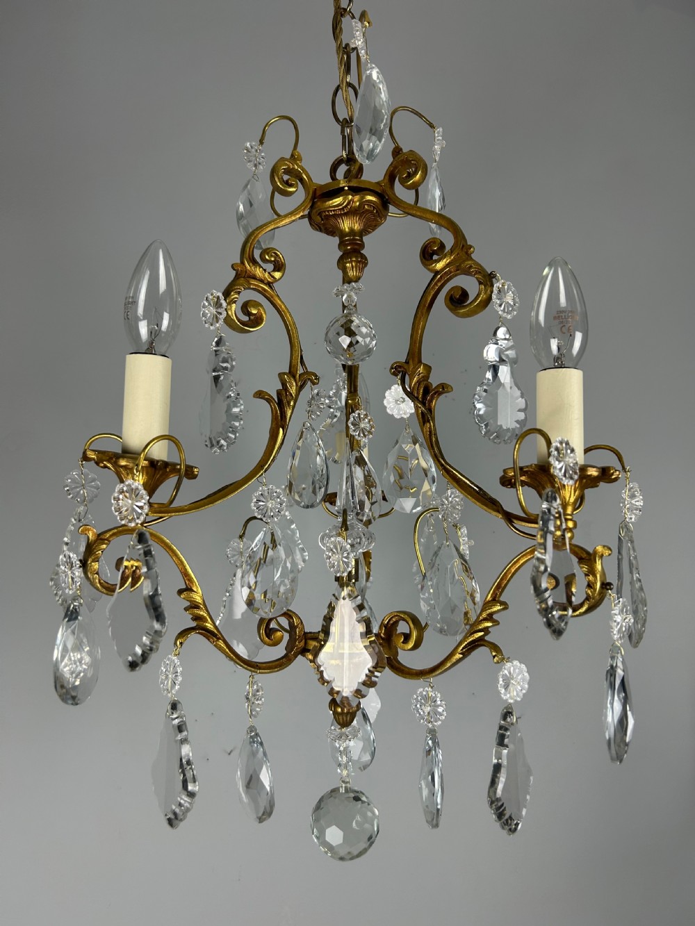 French Gilded & Crystal 3 Light Chandelier View XIII
