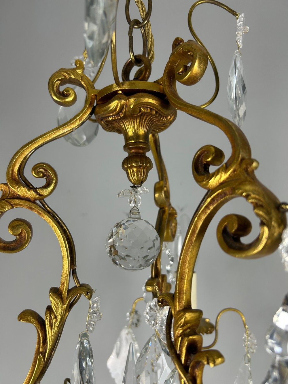 French Gilded & Crystal 3 Light Chandelier View XVII