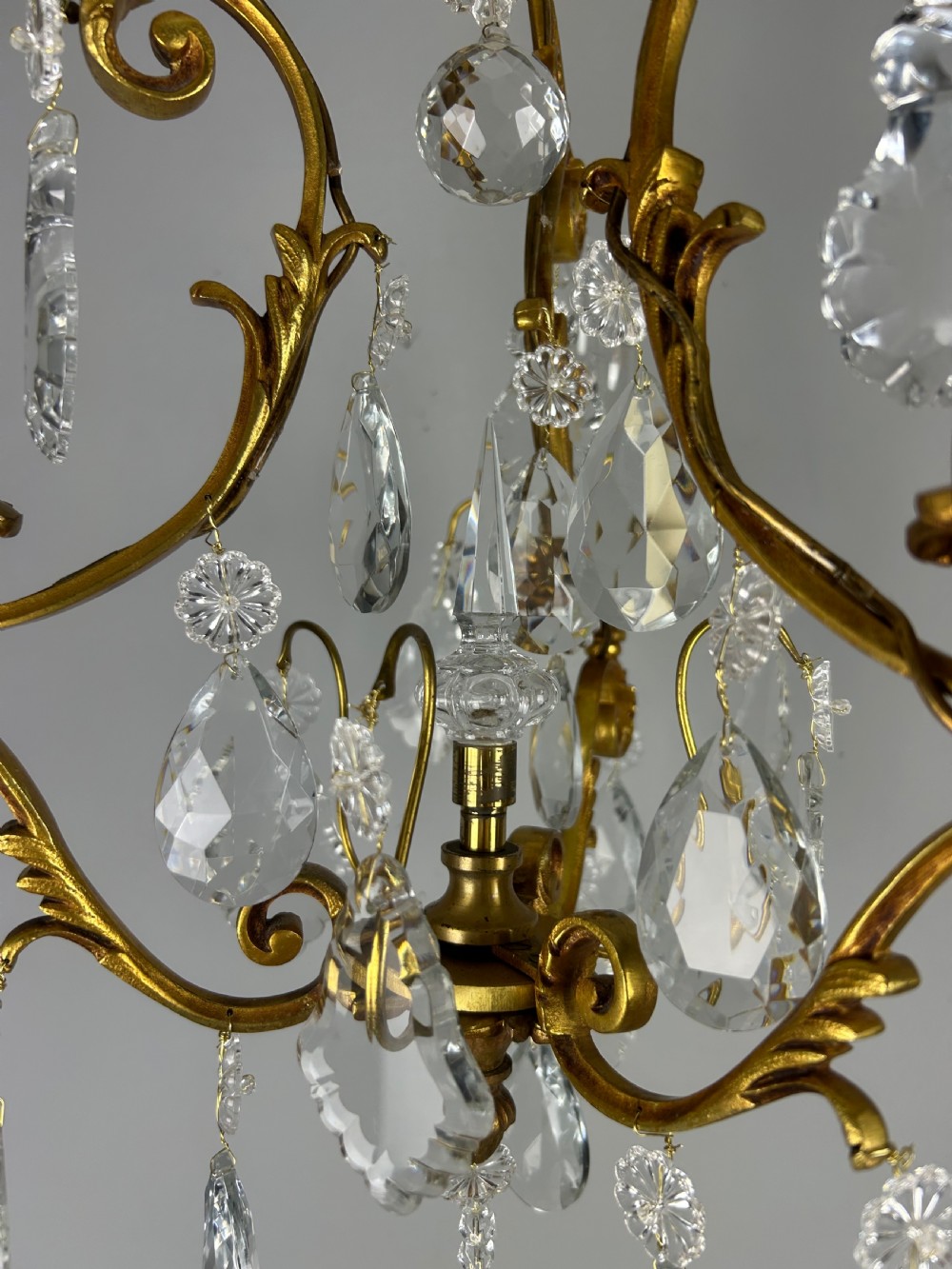 French Gilded & Crystal 3 Light Chandelier View XVIII
