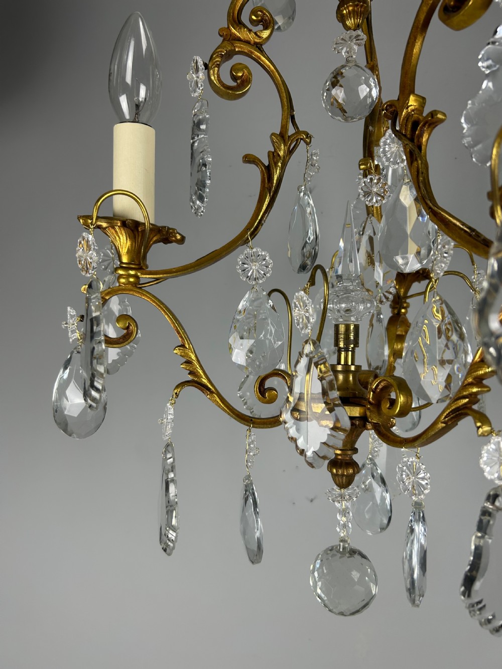 French Gilded & Crystal 3 Light Chandelier View XIX