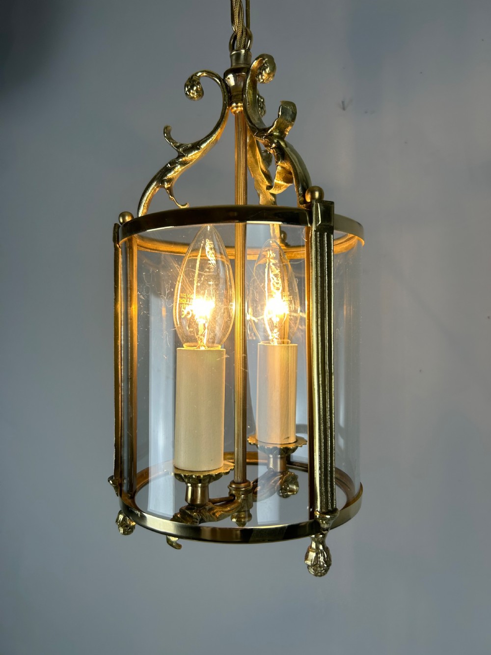 Small French Twin Light Polished Brass Lantern View V