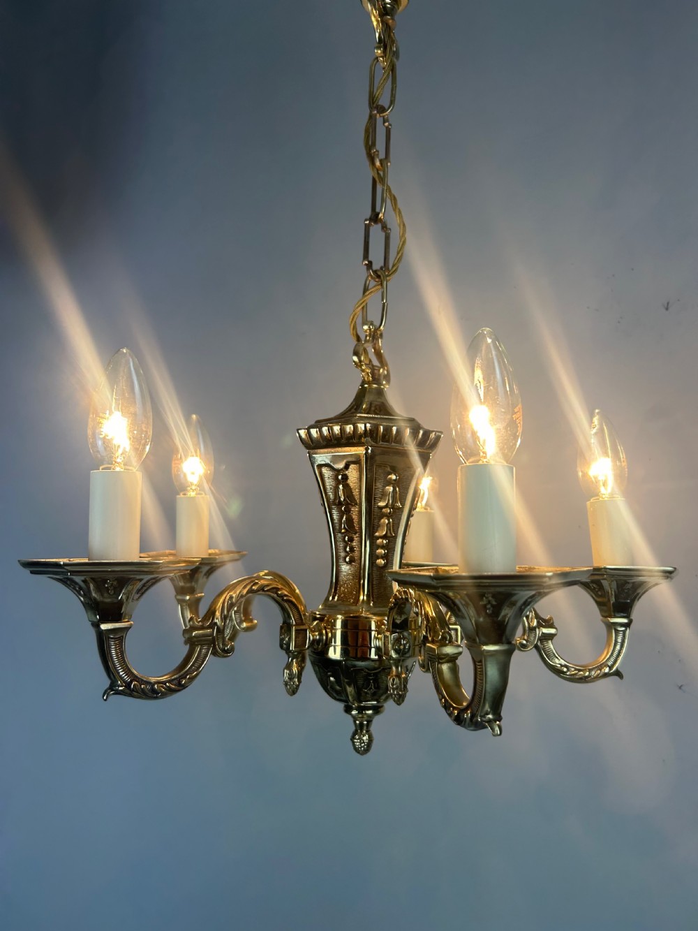 French Repolished Brass 5 Light Antique Chandelier View X