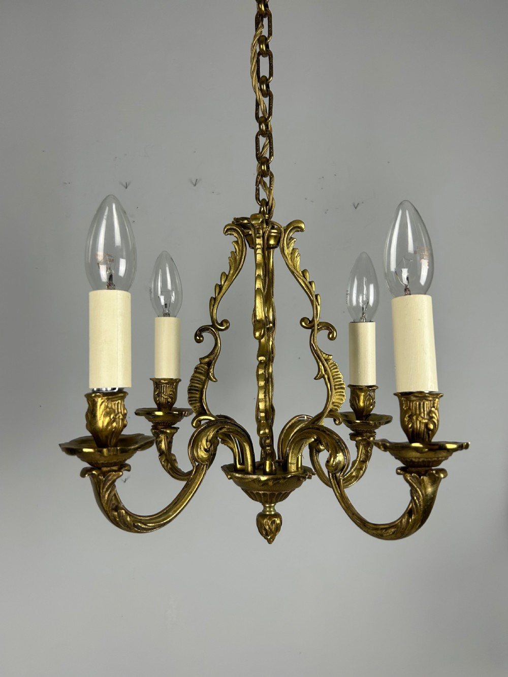 Small French Gilt Brass 4 Light Chandelier, Ceiling Light
