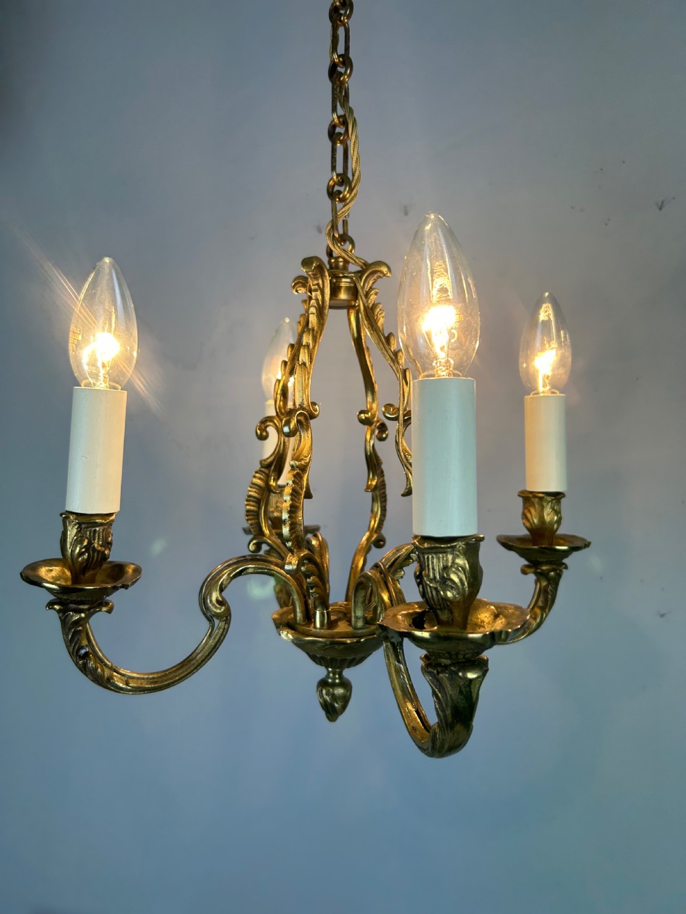 Small French Gilt Brass 4 Light Chandelier, Ceiling Light View II