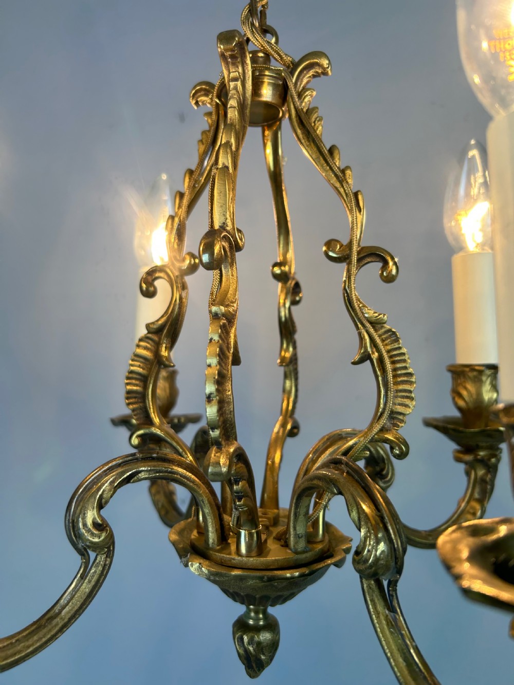 Small French Gilt Brass 4 Light Chandelier, Ceiling Light View III