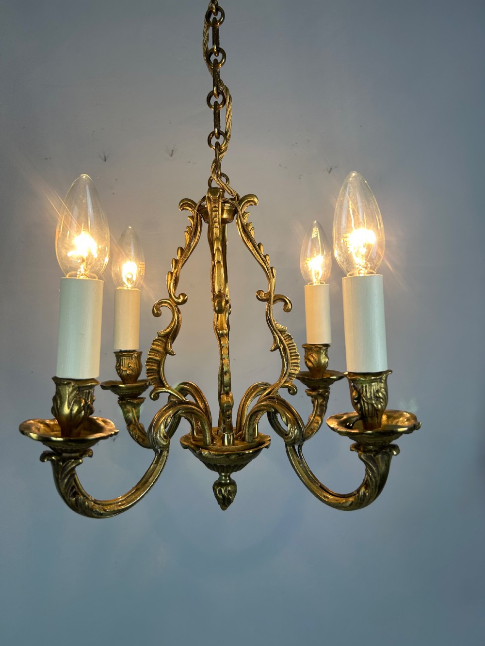 Small French Gilt Brass 4 Light Chandelier, Ceiling Light View IV