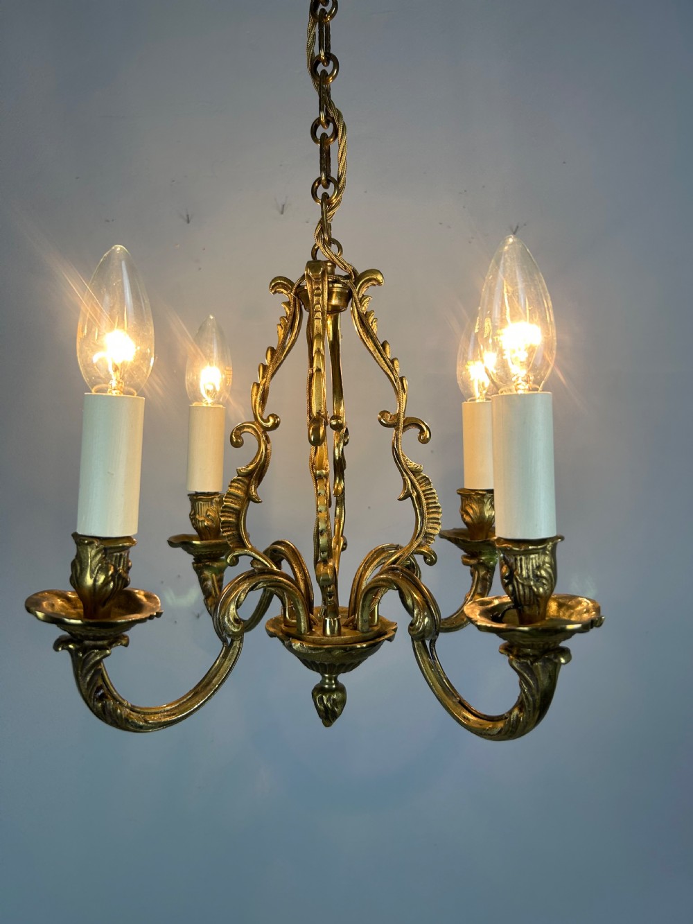 Small French Gilt Brass 4 Light Chandelier, Ceiling Light View V