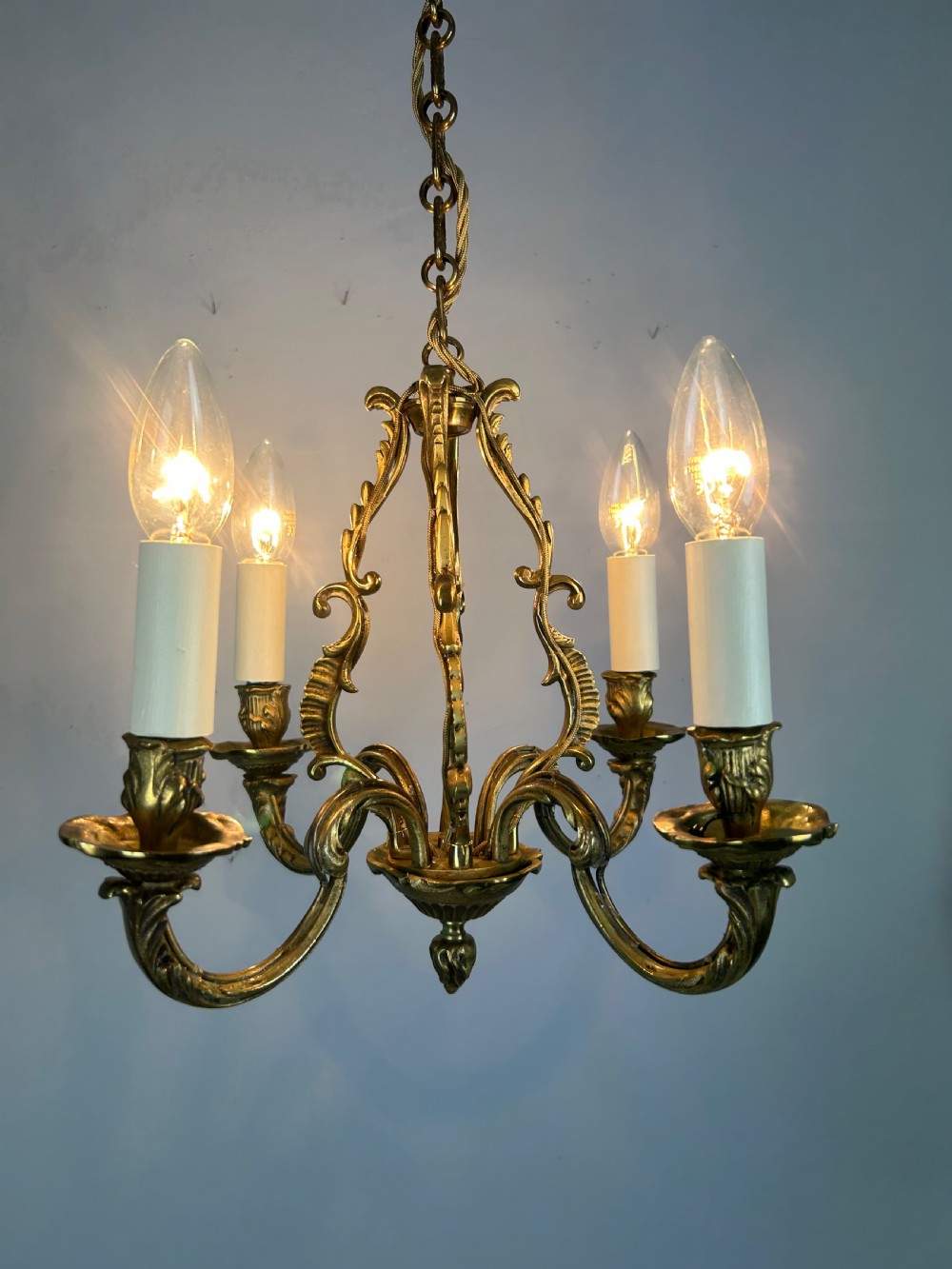 Small French Gilt Brass 4 Light Chandelier, Ceiling Light View VI