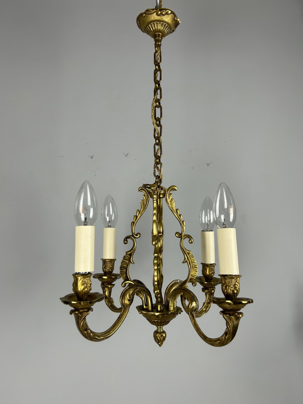 Small French Gilt Brass 4 Light Chandelier, Ceiling Light View VII