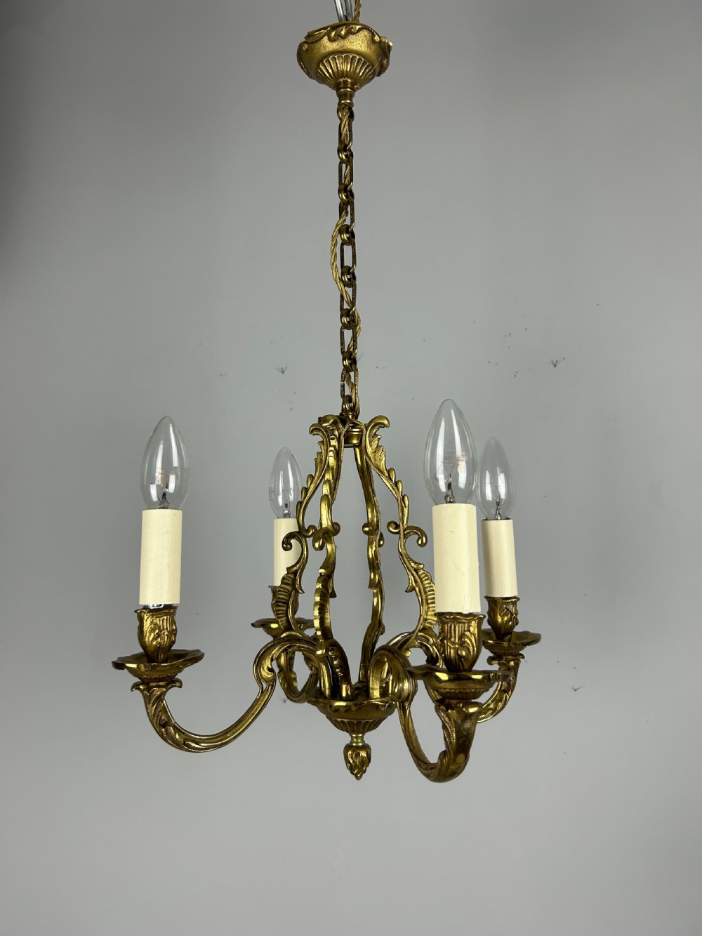 Small French Gilt Brass 4 Light Chandelier, Ceiling Light View VIII