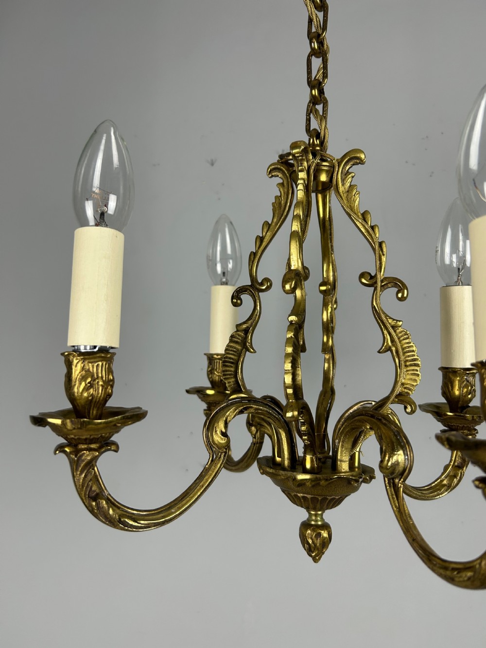 Small French Gilt Brass 4 Light Chandelier, Ceiling Light View X