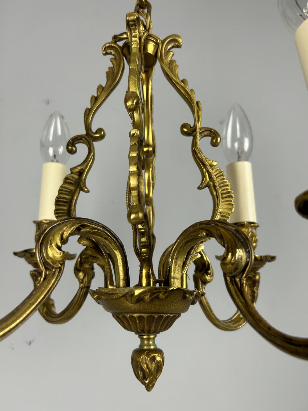 Small French Gilt Brass 4 Light Chandelier, Ceiling Light View XI