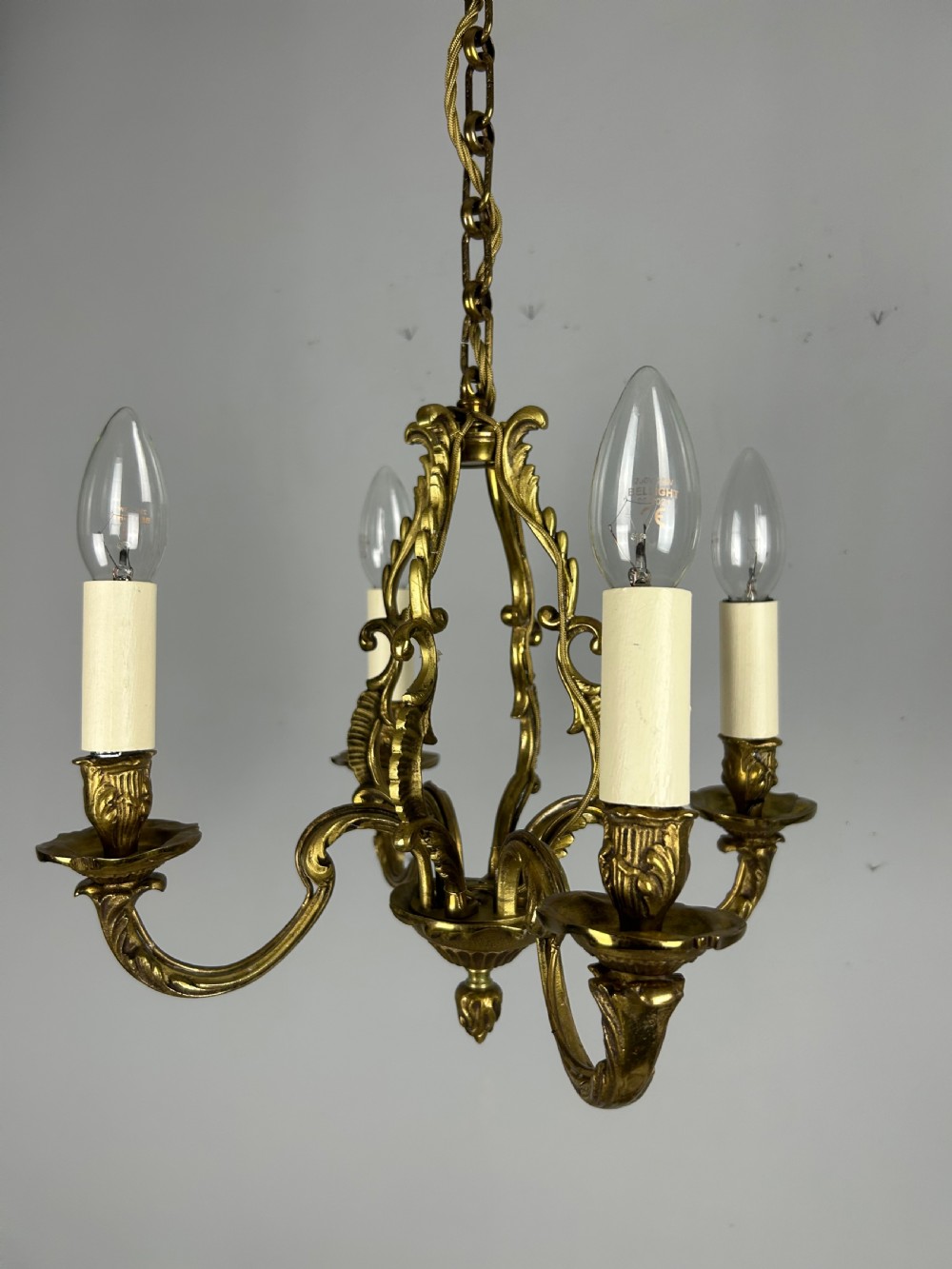 Small French Gilt Brass 4 Light Chandelier, Ceiling Light View XII