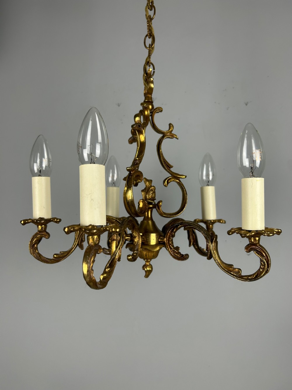 French Gilt Brass 5 Light Chandelier