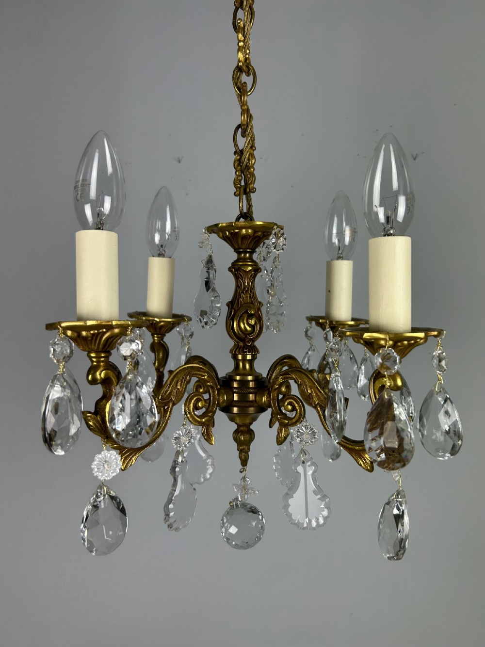 Small French Gilded & Crystal 4 Light Chandelier View II