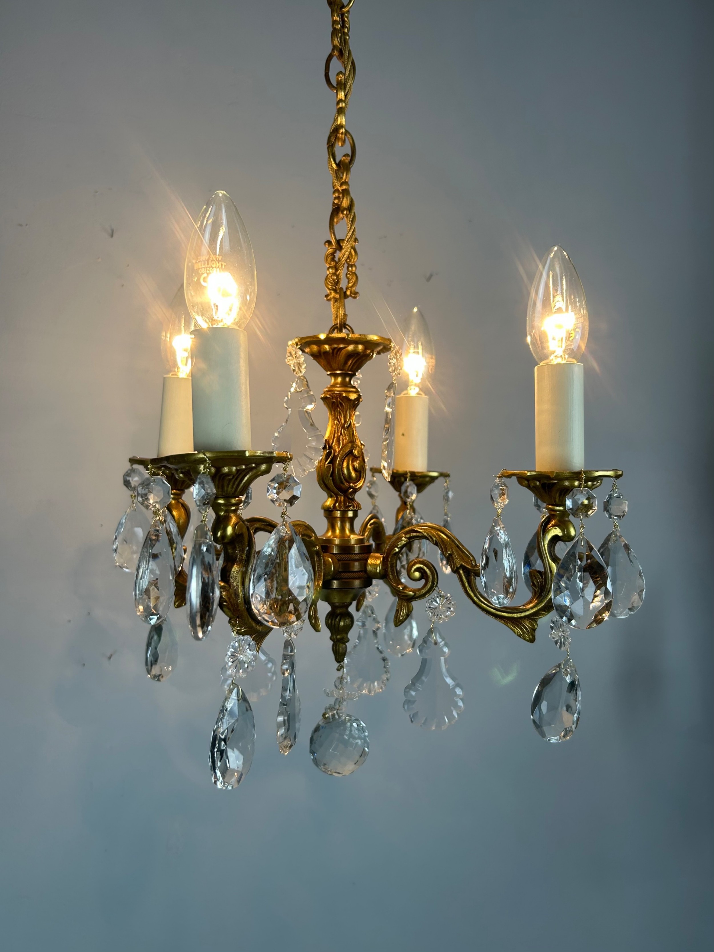 Small French Gilded & Crystal 4 Light Chandelier