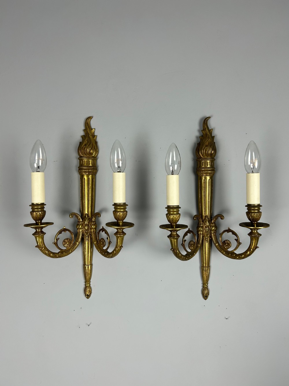 French Large Pair Of Gilded Brass Flame Wall Lights