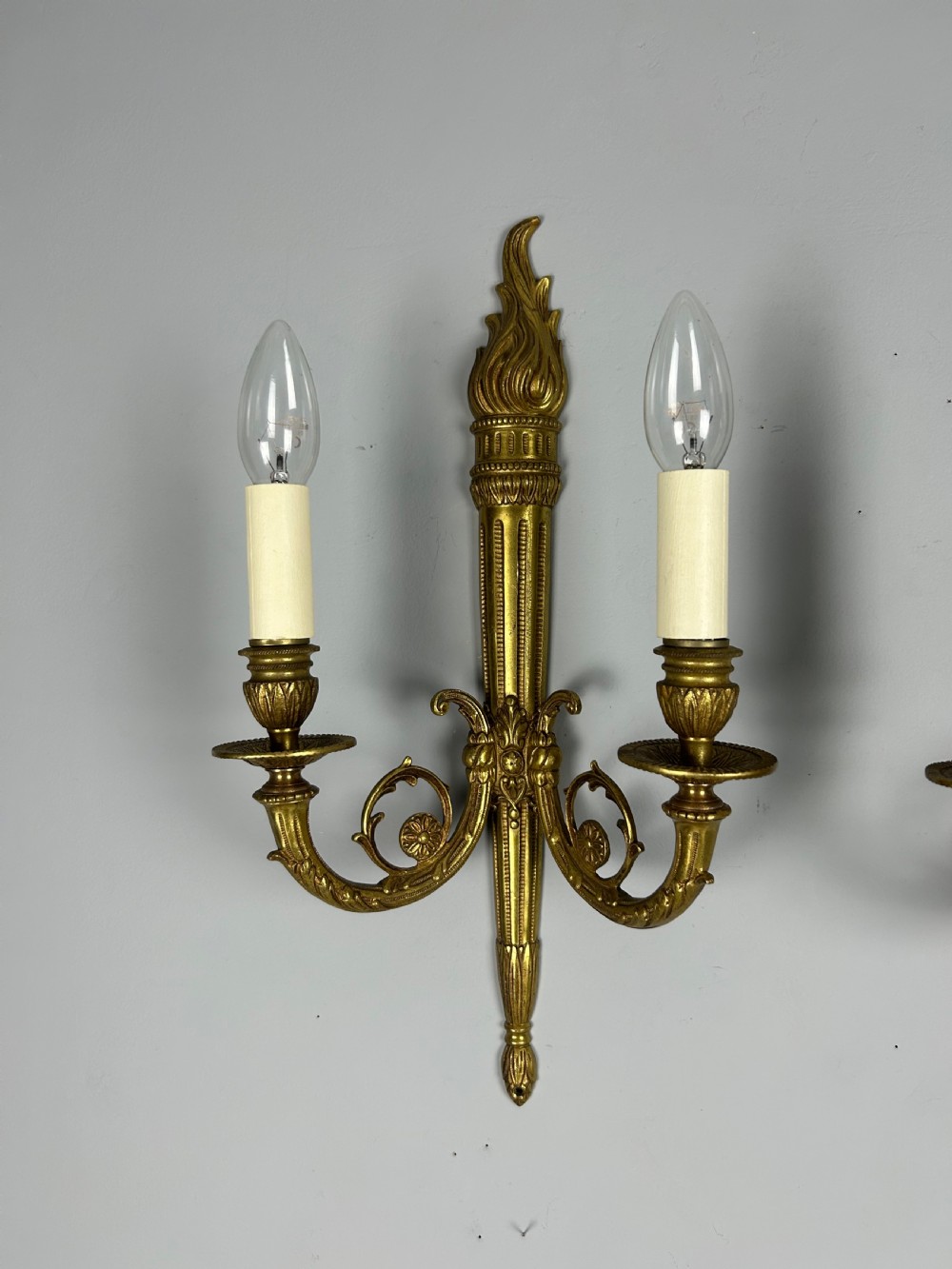 French Large Pair Of Gilded Brass Flame Wall Lights View II