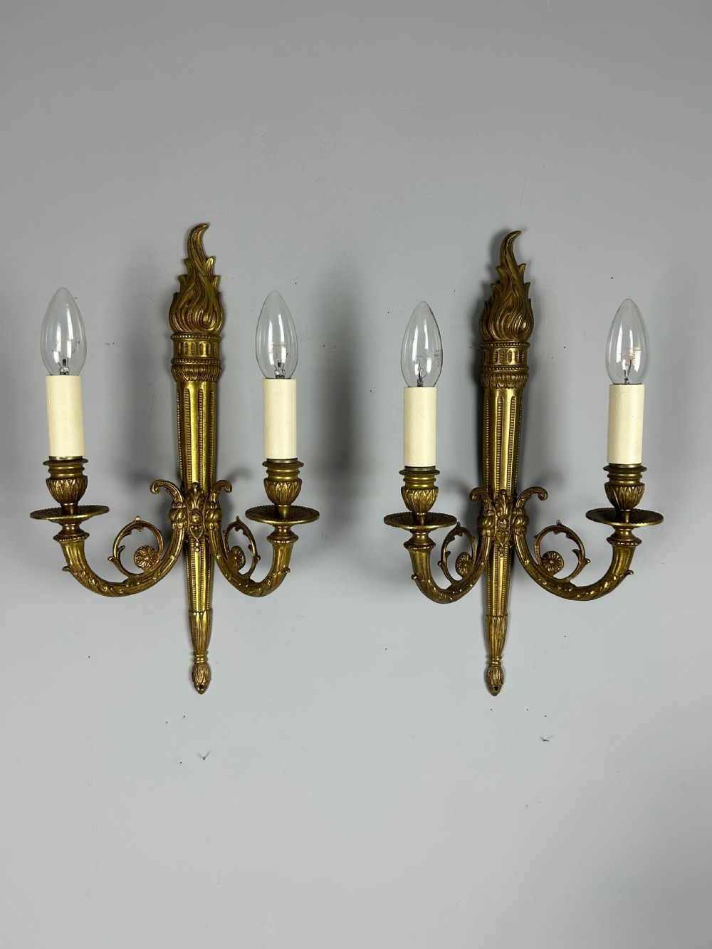 French Large Pair Of Gilded Brass Flame Wall Lights View III