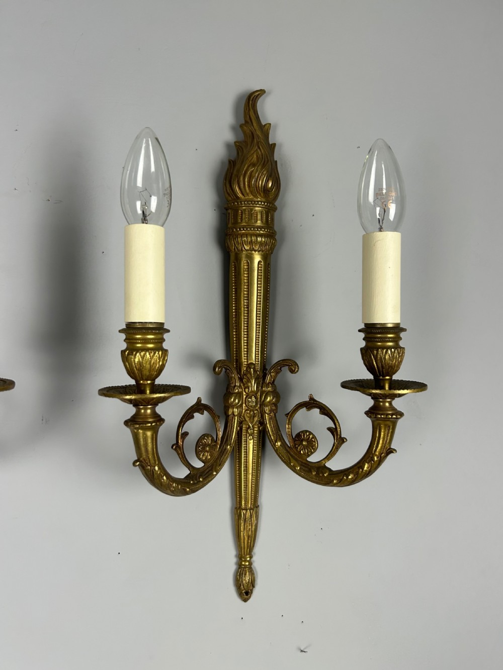 French Large Pair Of Gilded Brass Flame Wall Lights View VIII