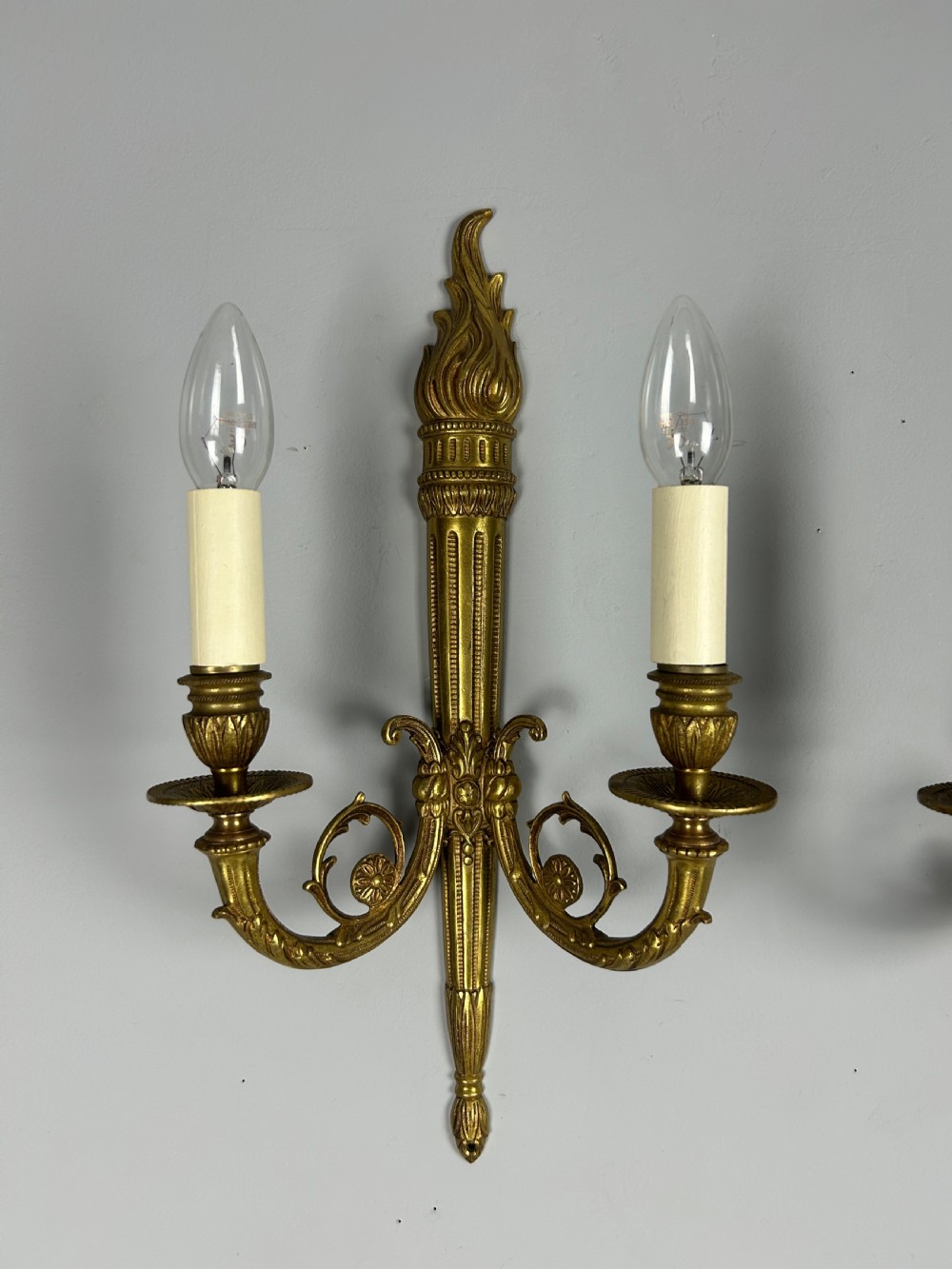 French Large Pair Of Gilded Brass Flame Wall Lights View IX