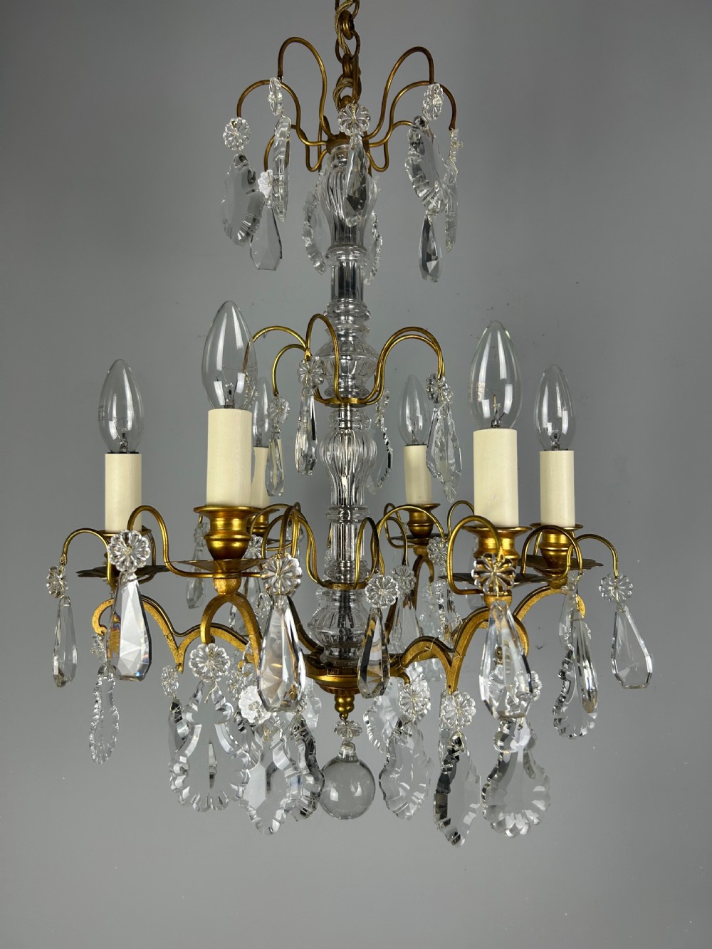 French Gilded Brass & Crystal 6 Light Antique Chandelier