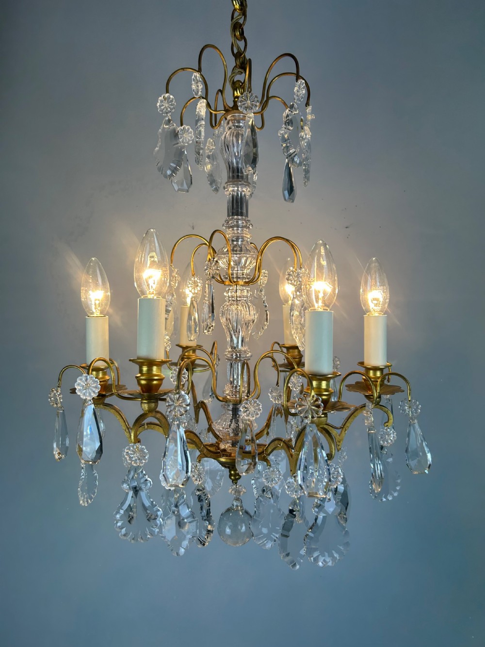 French Gilded Brass & Crystal 6 Light Antique Chandelier View II