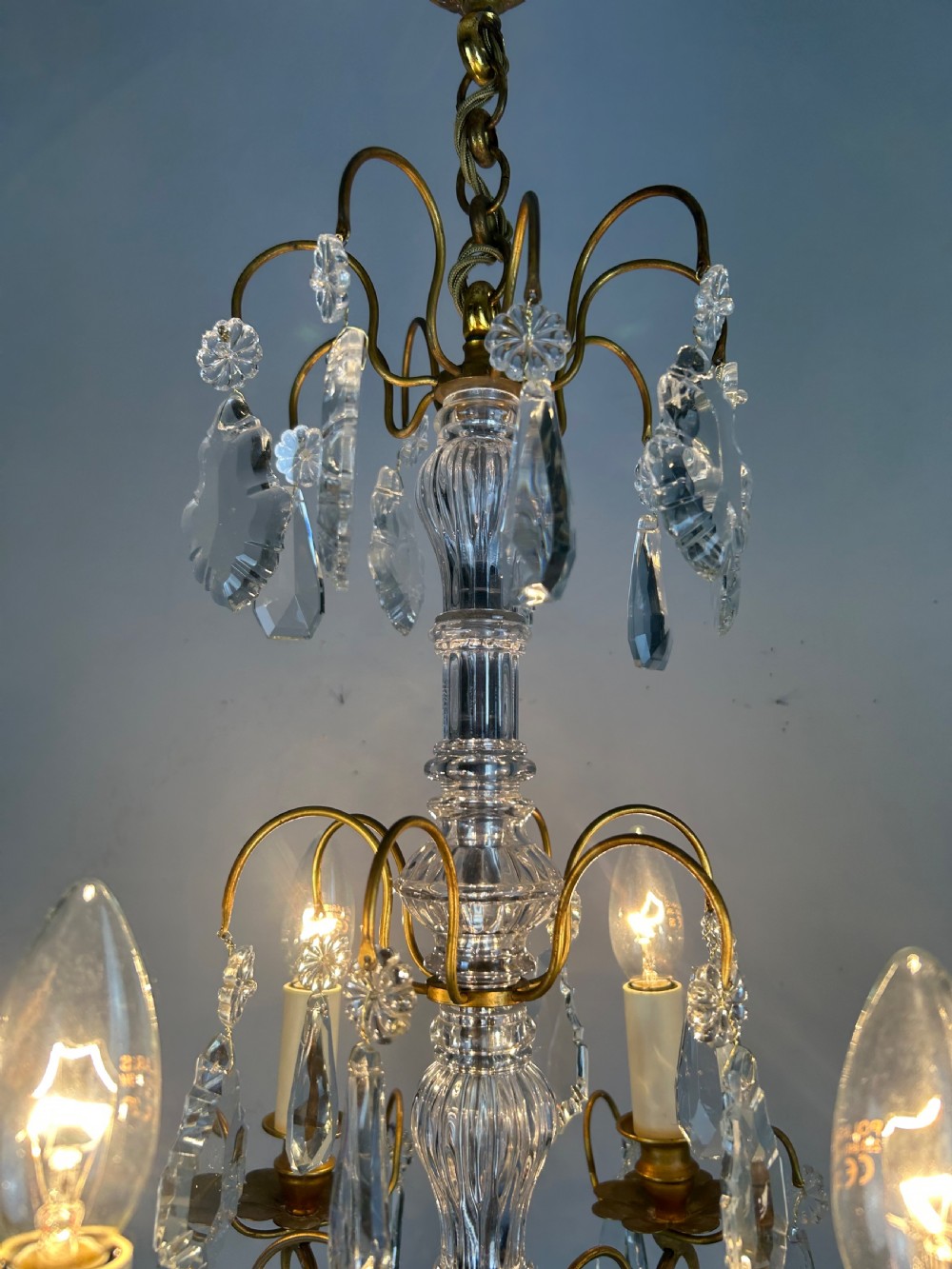 French Gilded Brass & Crystal 6 Light Antique Chandelier View III
