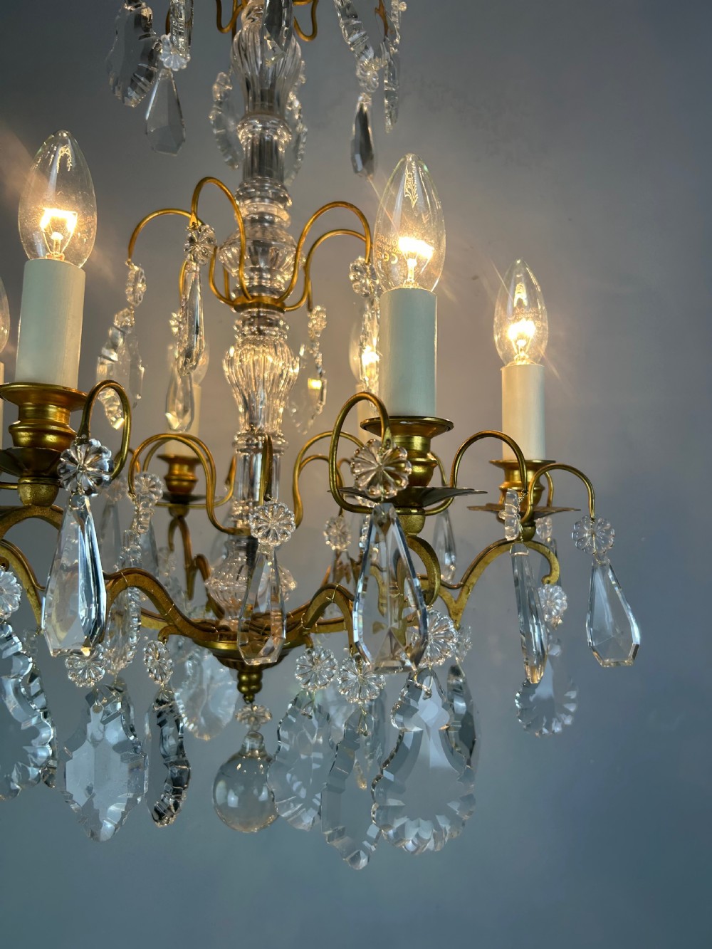 French Gilded Brass & Crystal 6 Light Antique Chandelier View IV