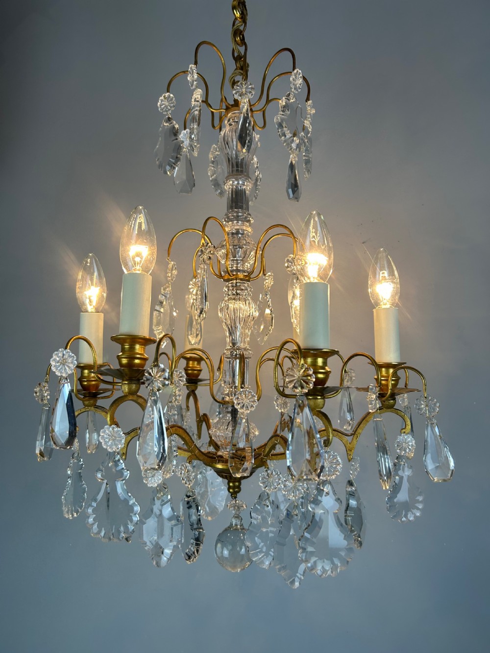 French Gilded Brass & Crystal 6 Light Antique Chandelier View V