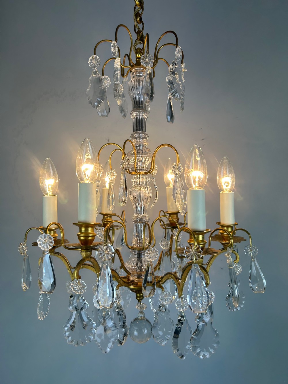 French Gilded Brass & Crystal 6 Light Antique Chandelier View VI