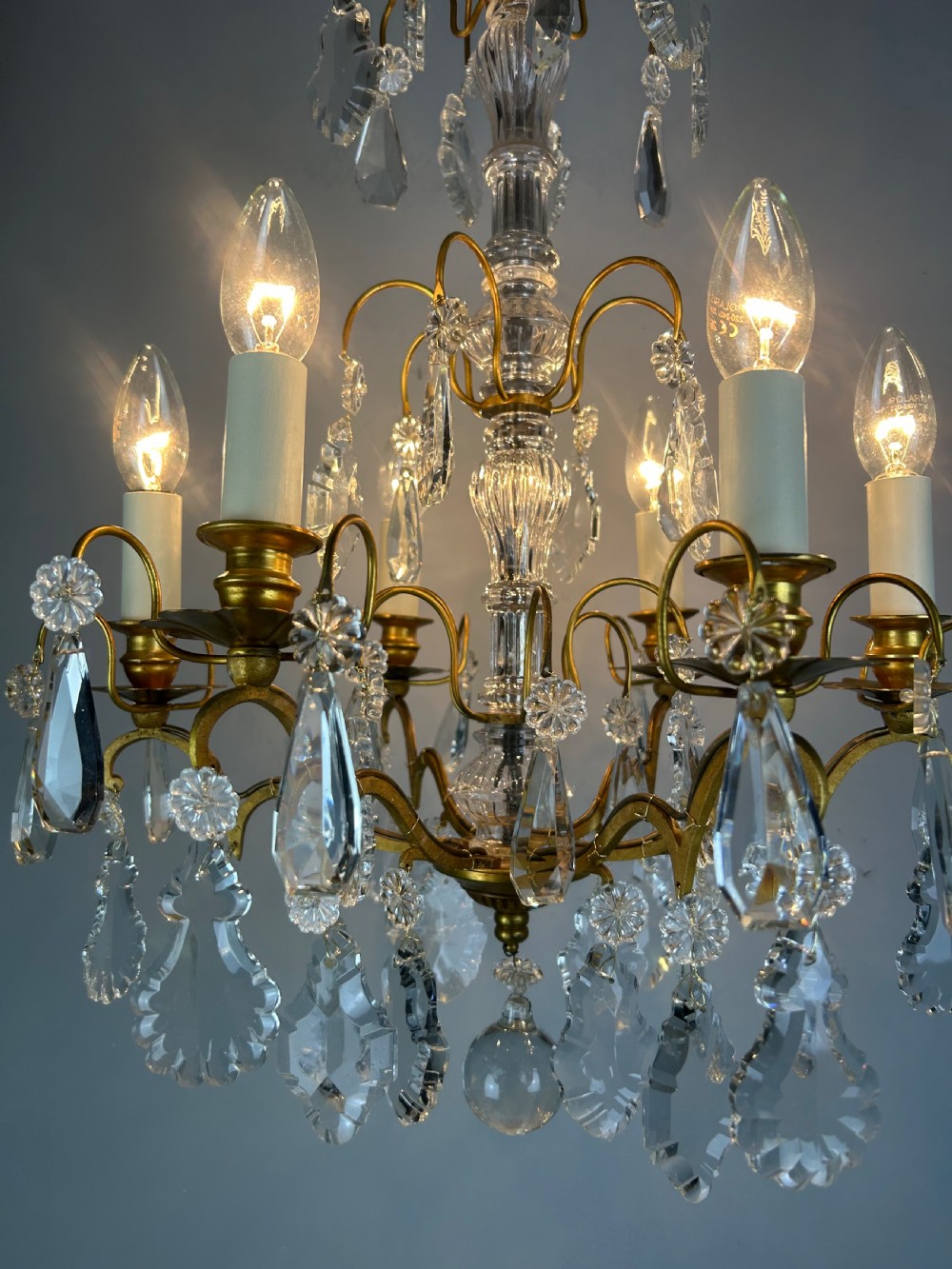 French Gilded Brass & Crystal 6 Light Antique Chandelier View VII