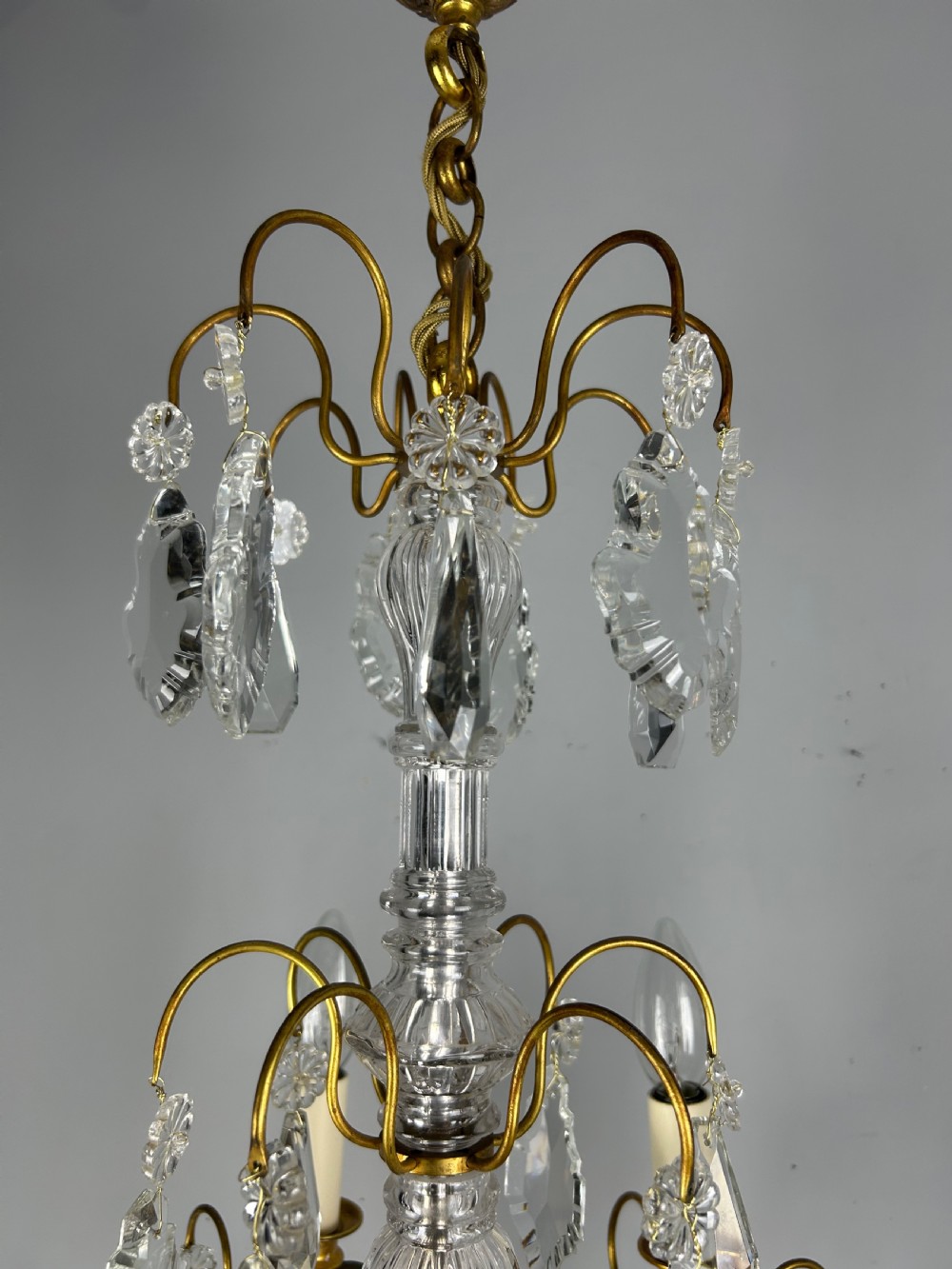 French Gilded Brass & Crystal 6 Light Antique Chandelier View IX
