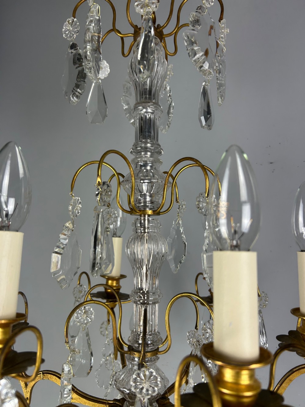 French Gilded Brass & Crystal 6 Light Antique Chandelier View X
