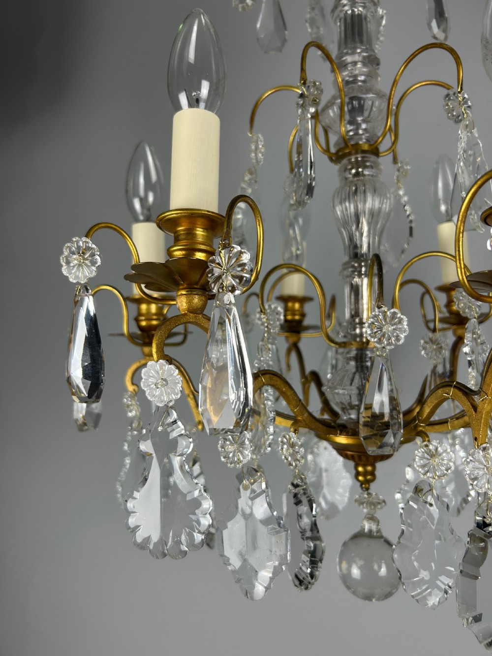 French Gilded Brass & Crystal 6 Light Antique Chandelier View XI