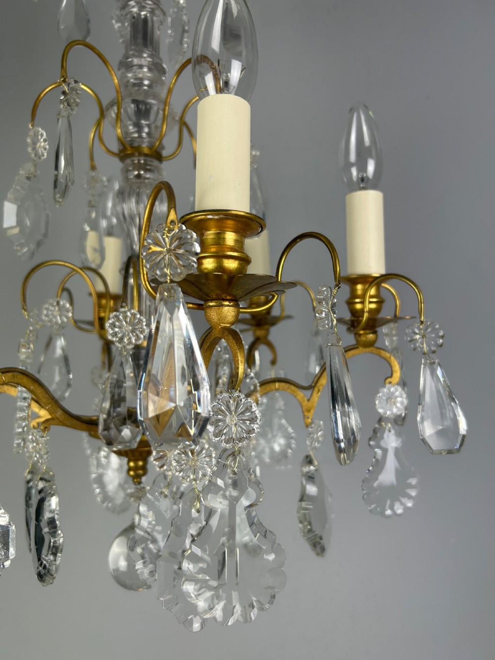French Gilded Brass & Crystal 6 Light Antique Chandelier View XII