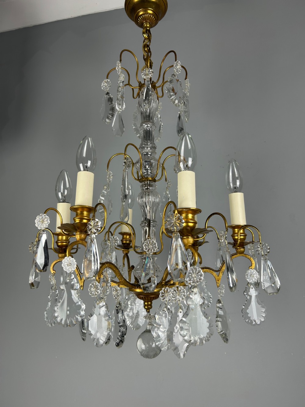 French Gilded Brass & Crystal 6 Light Antique Chandelier View XIII