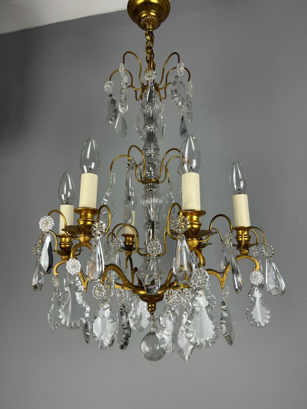 French Gilded Brass & Crystal 6 Light Antique Chandelier View XIV
