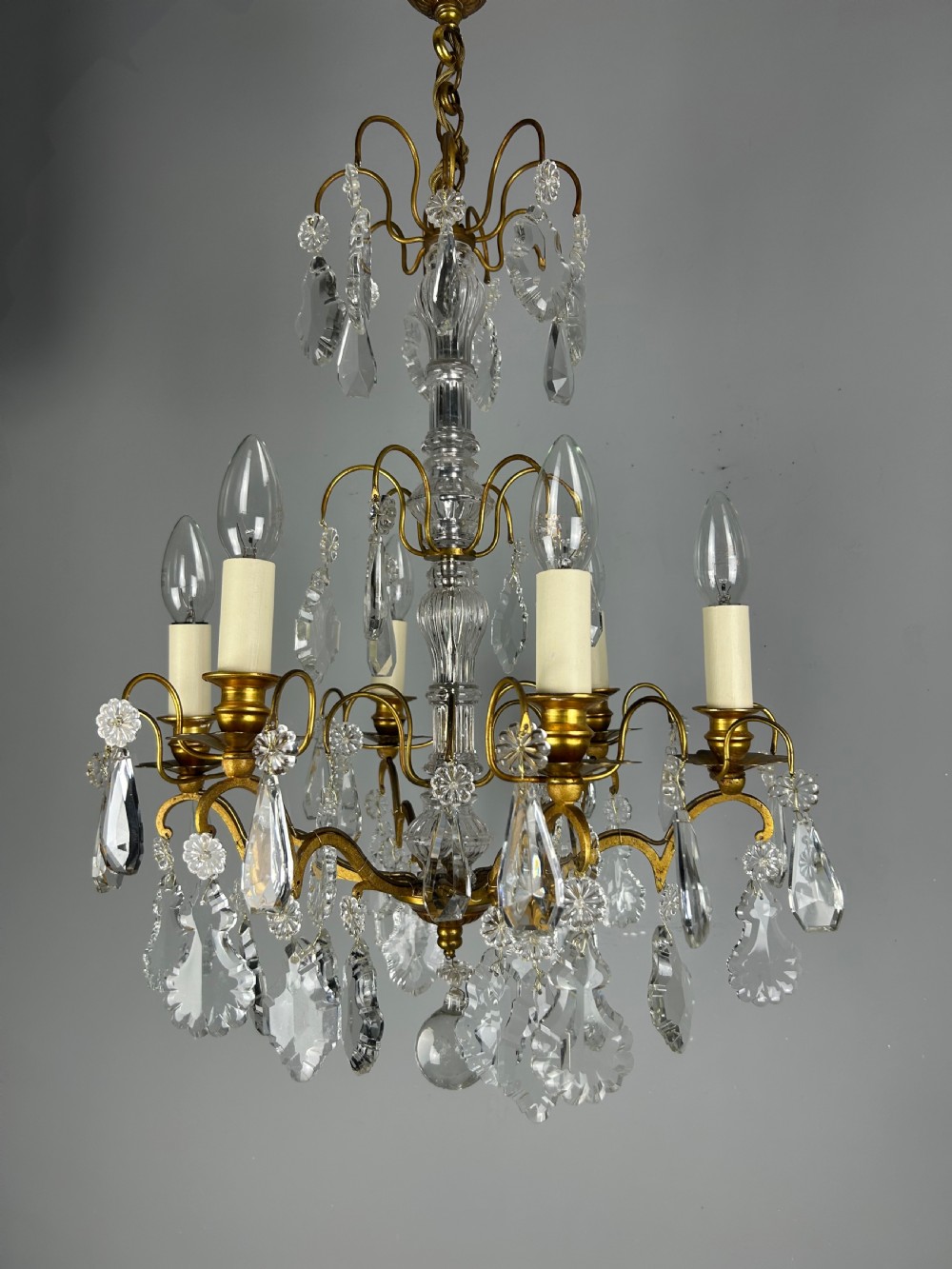 French Gilded Brass & Crystal 6 Light Antique Chandelier View XV