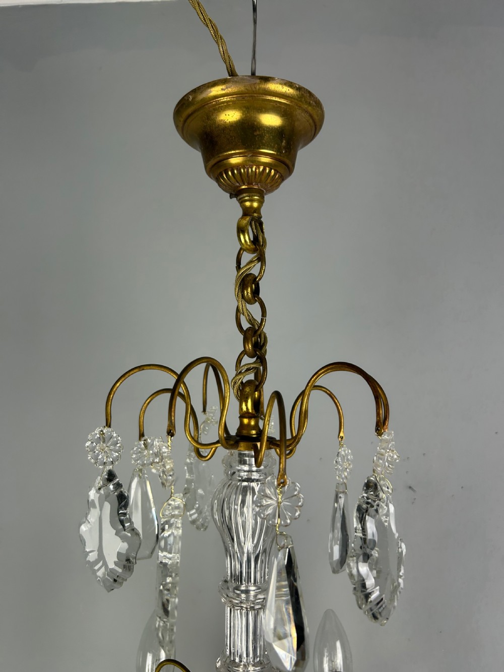 French Gilded Brass & Crystal 6 Light Antique Chandelier View XVI