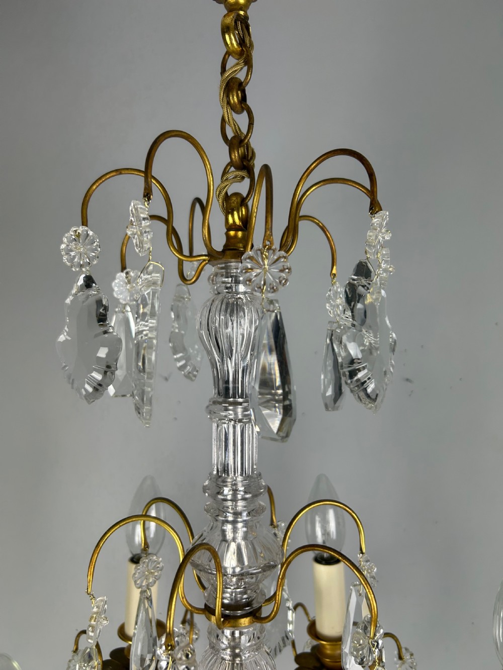 French Gilded Brass & Crystal 6 Light Antique Chandelier View XVII