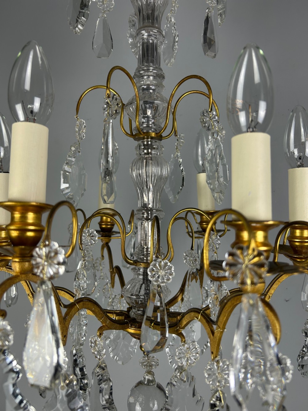 French Gilded Brass & Crystal 6 Light Antique Chandelier View XVIII